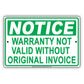 Notice Warranty Not Valid Without Original Invoice Store Aluminum Metal Sign Plate