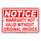 Notice Warranty Not Valid Without Original Invoice Store Aluminum Metal Sign Plate