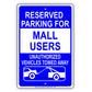 Reserved Parking For Mall Users Only Unauthorized Vehicles Towed Away Aluminum Metal Sign Plate