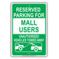 Reserved Parking For Mall Users Only Unauthorized Vehicles Towed Away Aluminum Metal Sign Plate