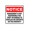 Notice Not Responsible For Theft or Damage To Vehicles on this Property Aluminum Metal Sign Plate