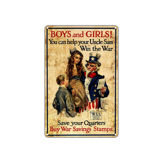 Boys and Girls Help Uncle Sam Win The War Buy Stamps Retro Wall Decor Art Shop Bar Aluminum