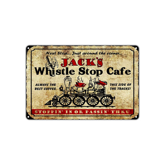 Jack's Whistle Stop Cafe Stoppin' In Or Passin' Thru Funny Novelty Retro Wall Decor Art Aluminum