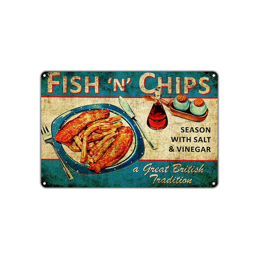 Fish 'N' Chips Season With Salt & Vinegar Restaurant Vintage Retro Decor Art Shop Aluminum