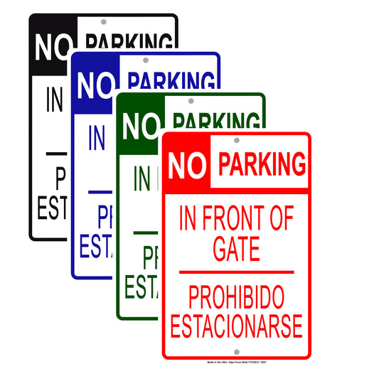 No Parking In Front Of Gate Spanish English Aluminum Metal Sign Plate