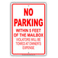 No Parking Within 5 Feet of Mailbox Violators Will Be Towed Aluminum Metal Sign Plate