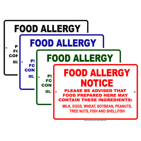 Food Allergy Notice Please Be Advised That Food Prepared Here May Contain Ingredients Aluminum Metal Sign Plate
