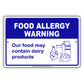 Food Allergy Warning Our Food May Contains Dairy Products Aluminum Metal Sign Plate