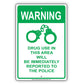 Warning Drug Use in This Area Will Be Reported Aluminum Metal Sign
