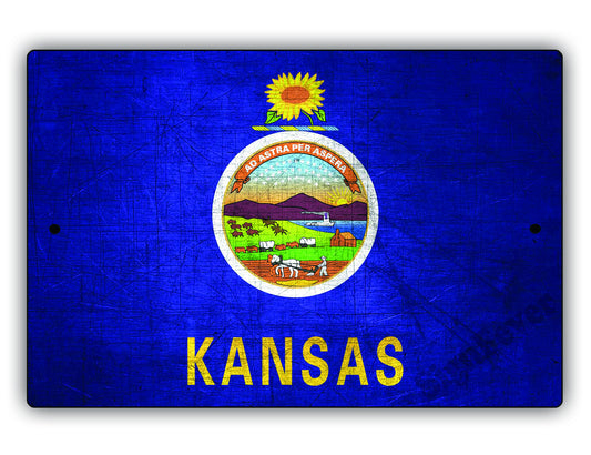 Kansas State Flag Novelty Vintage Rustic Grunge Wall Decor Gift Aluminum Metal Sign Plate