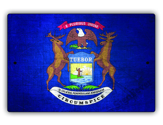 Michigan State Flag Novelty Vintage Rustic Grunge Wall Decor Gift Aluminum Metal Sign Plate