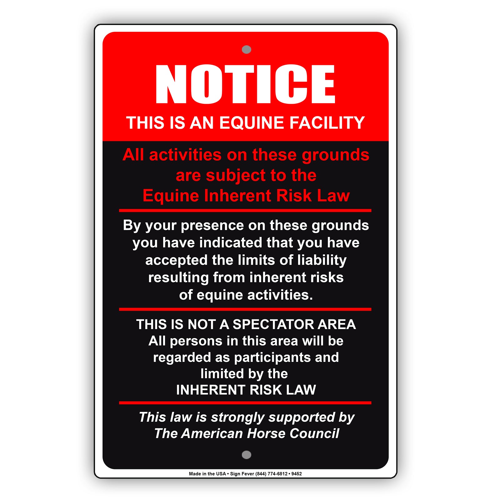 Notice This Is An Equine Facility All Activities On These Grounds Are Subject To The Equine Inherent Risk Law Aluminum Metal Sign Plate